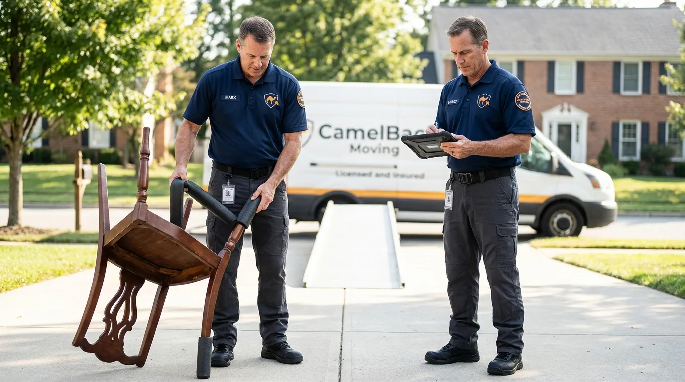Movers inspecting furniture for damage prevention before loading in Manchester, MI