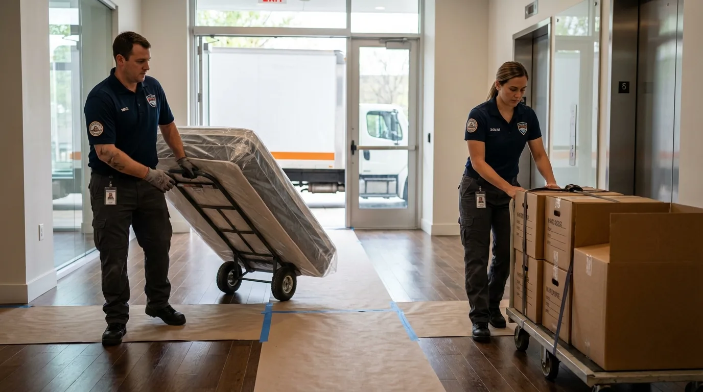 Professional apartment movers loading elevator in Manchester, MI