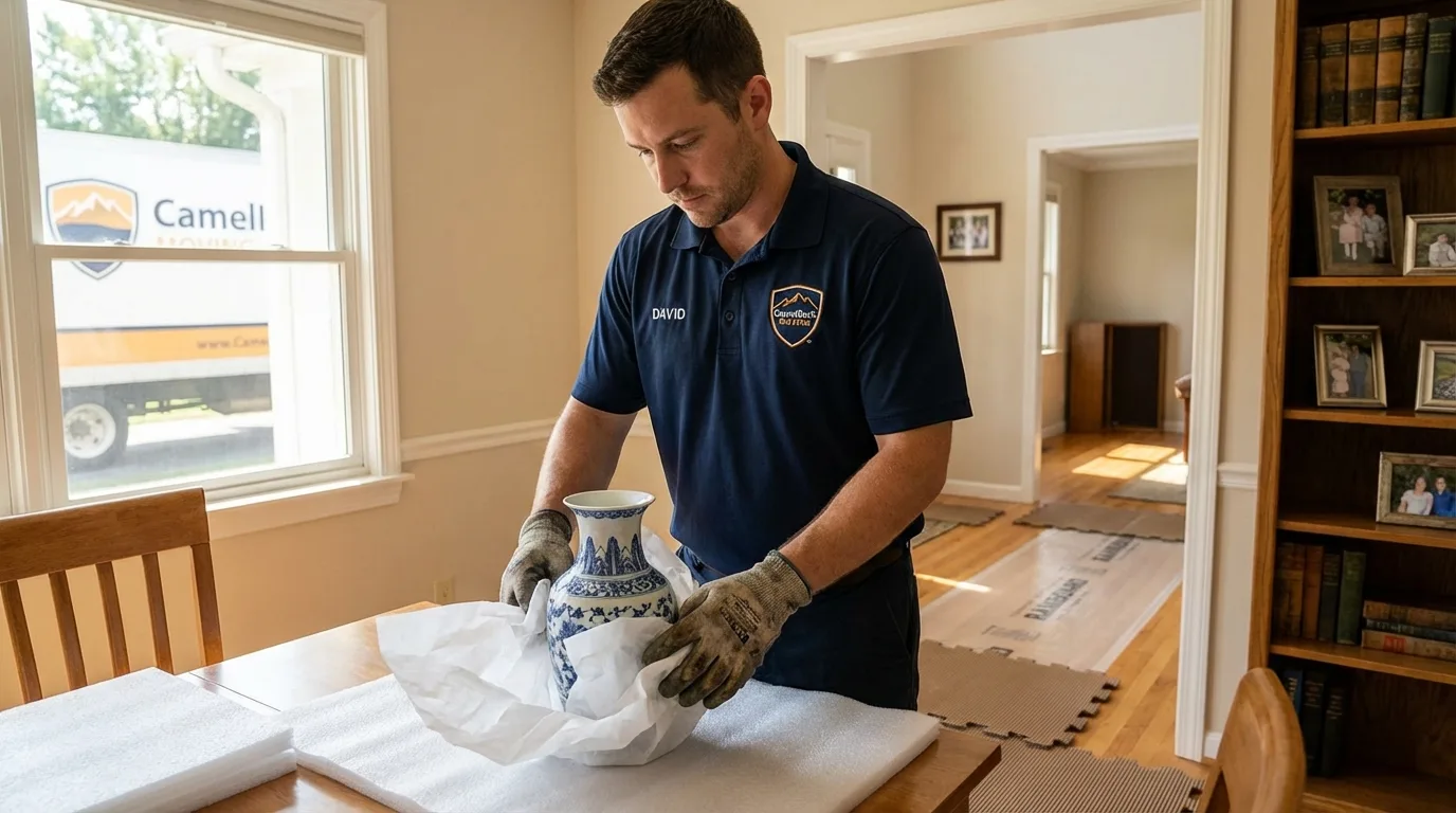 Professional crew carefully wrapping antique vase for senior downsizing move in Manchester, MI
